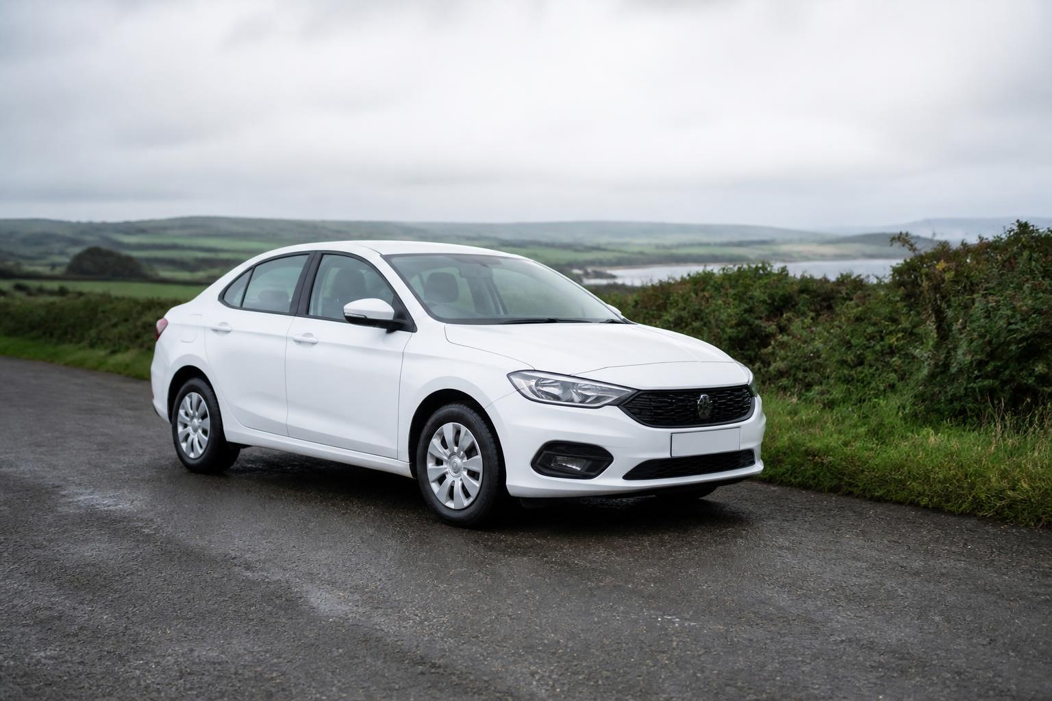 White everyday saloon on an Irish road